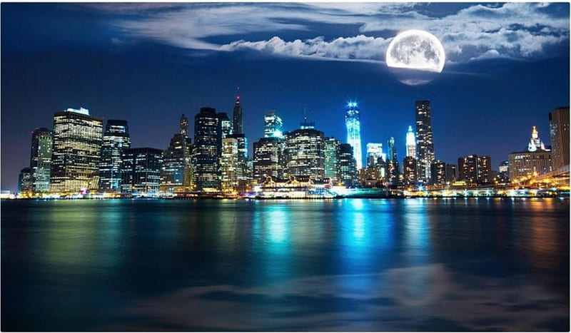 MOON OVER NEW YORK, CLOUDS, LIGHTS, MOON, REFLECTION, CITY, SKY, NIGHT, HD wallpaper