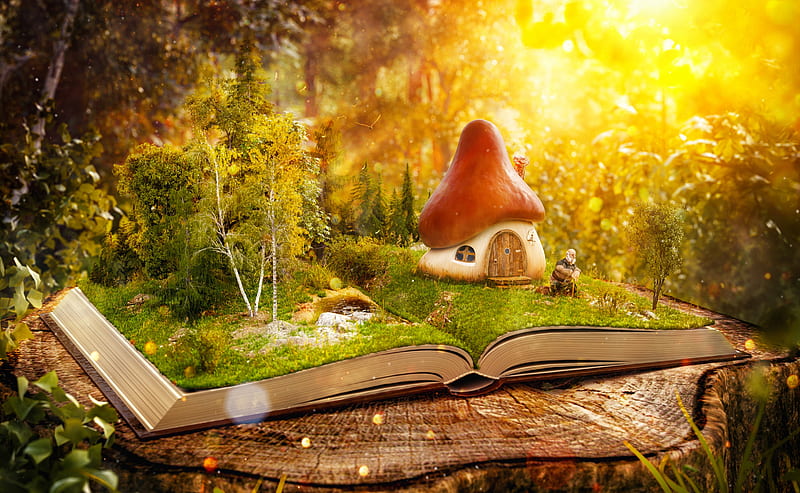 Fairytale house, bonito, wood, house, mushroom, home, wonderland, book, fairytale, fantasy, magical, florest, HD wallpaper