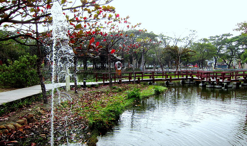 Fountain, park, grass, crooked bridges, HD wallpaper