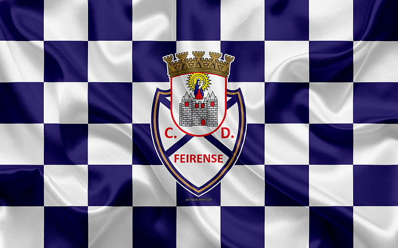 Clube Desportivo Feirense logo, creative art, blue-white checkered flag, Portuguese football club, Primeira Liga, Liga NOS, emblem, silk texture, Santa Maria da Feira, Portugal, football, Feirense FC, HD wallpaper