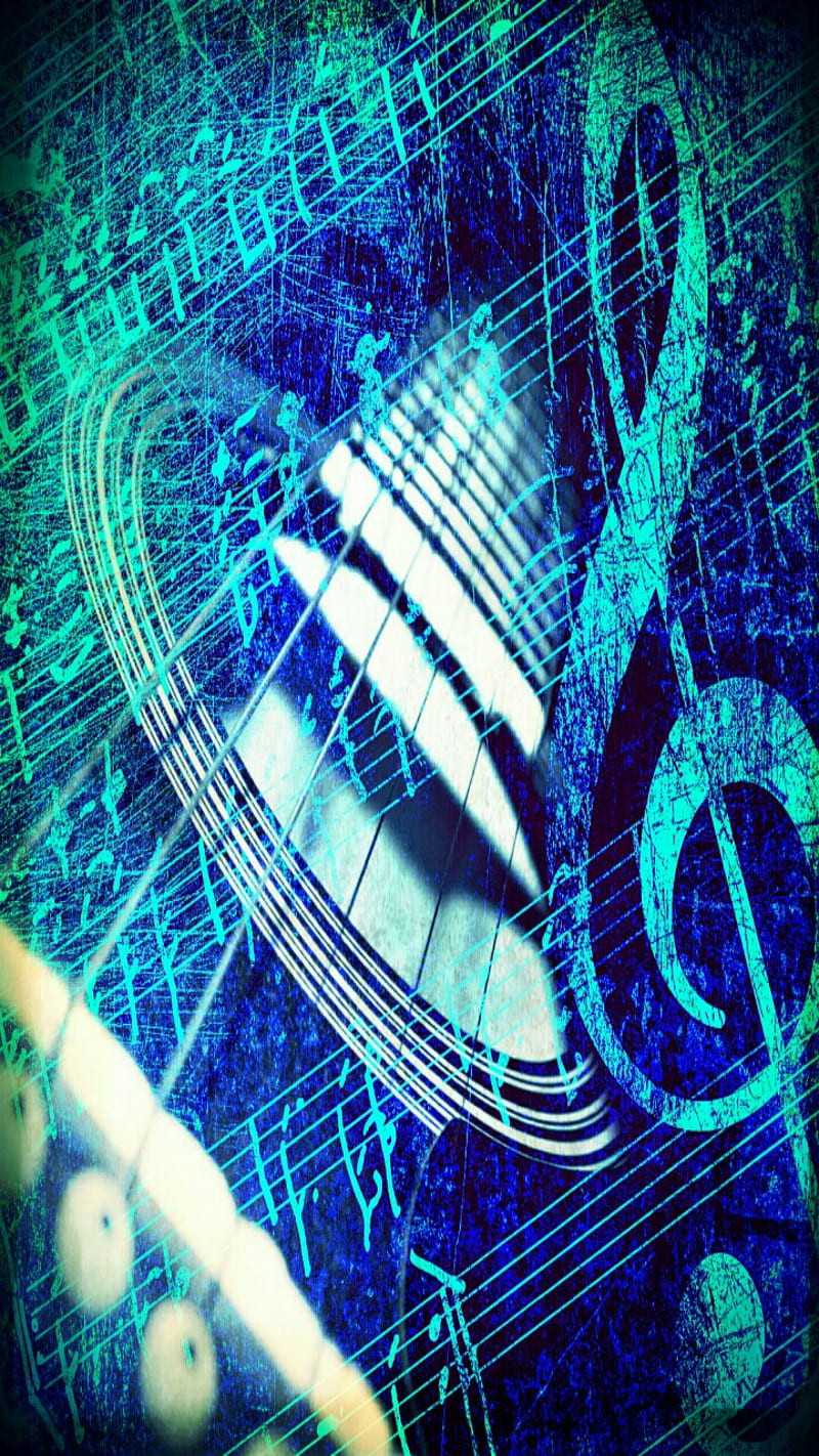 Blue Music, guitar, note, treble clef, HD phone wallpaper