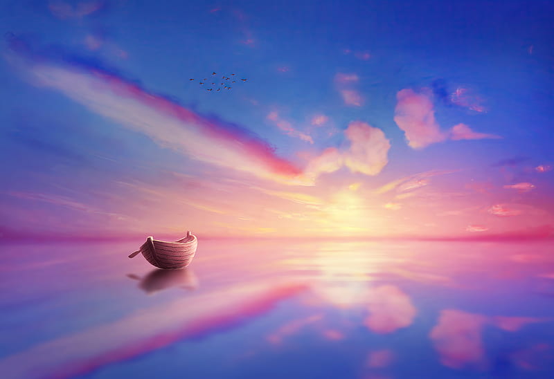 Sunset Scenery Minimal Art , sunset, artist, artwork, digital-art, , boat, HD wallpaper