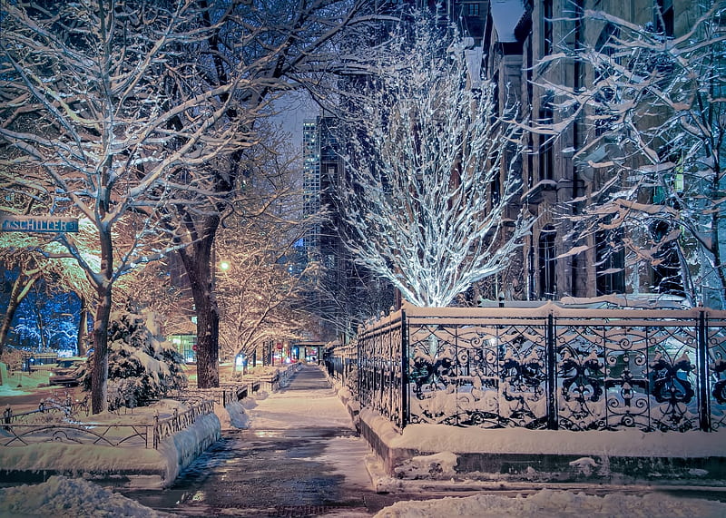 buildings, road, trees, frost, snow, winter, lights, City, HD wallpaper