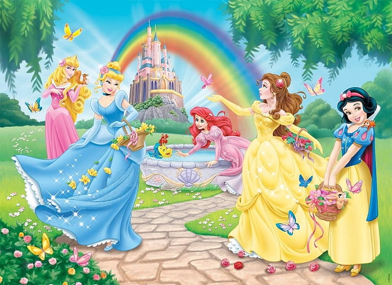 Disney princesses, dress, snow white, aurora, belle, yellow, rainbow, cinderella, pionk, fantasy, ariel, girl, summer, princess, disney, blue, HD wallpaper