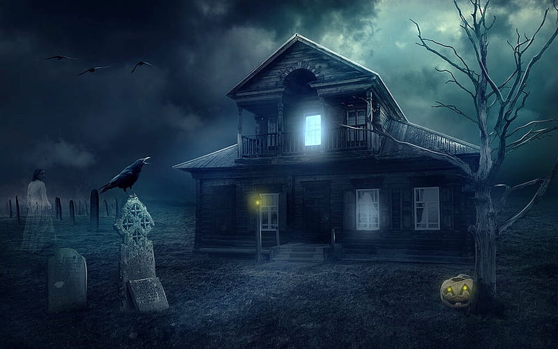 Haunted House, house, crows, haunted, eerie, creepy, Graveyard, ghost, pumpkin, dark, Halloween, night, HD wallpaper