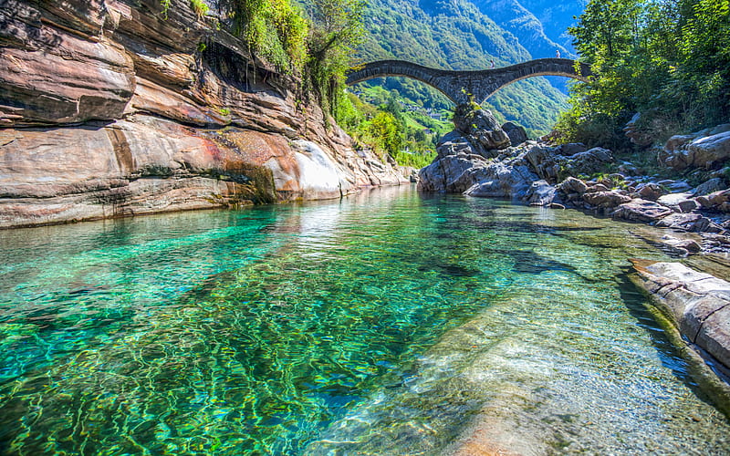 Locarno, Switzerland, mountain river, bridge, emerald river, mountain landscape, summer, travel, Lavertezzo, Valle Verzasca, HD wallpaper