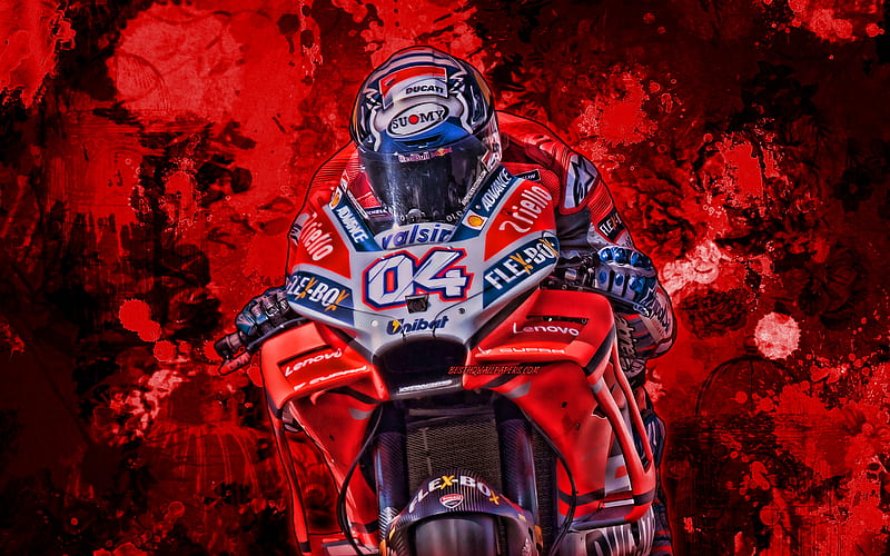 Andrea Dovizioso, red paint splashes, MotoGP, 2019 bikes, Ducati Desmosedici GP19, grunge art, racing bikes, Mission Winnow Ducati Team, Ducati, HD wallpaper