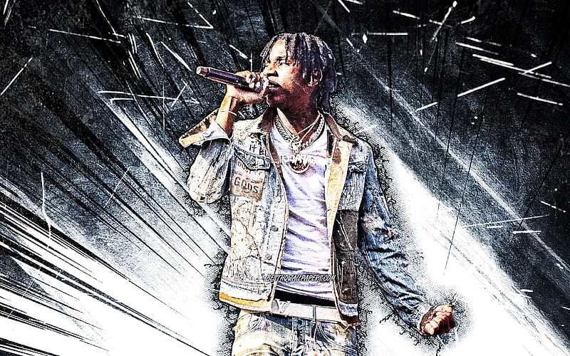 Polo G, grunge art, american rapper, music stars, Polo G with microphone, blue abstract rays, Taurus Tremani Bartlett, american celebrity, Polo G, HD wallpaper