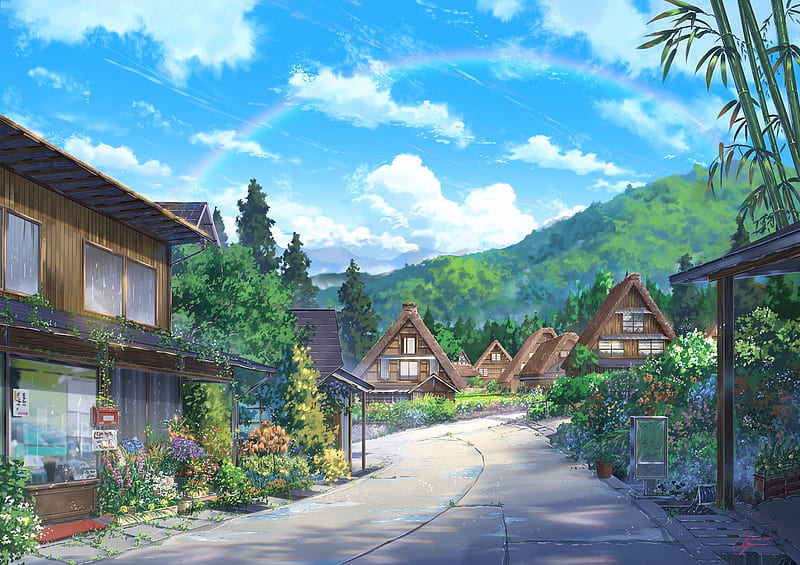 Anime landscape, houses, scenic, clouds, nature, Anime, HD wallpaper |  Peakpx