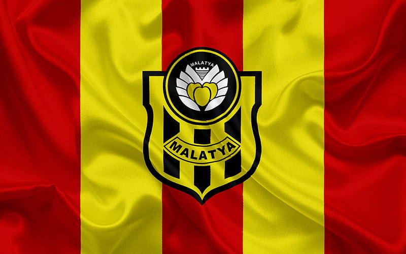 Yeni Malatyaspor, Turkish football club, Malatyaspor emblem, logo, red yellow silk flag, Malatya, Turkey, Turkish Football Championship, HD wallpaper