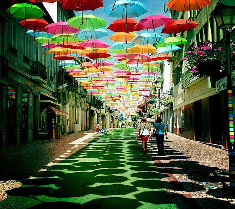 Umbrella Street, awesome street, umbrella, HD wallpaper