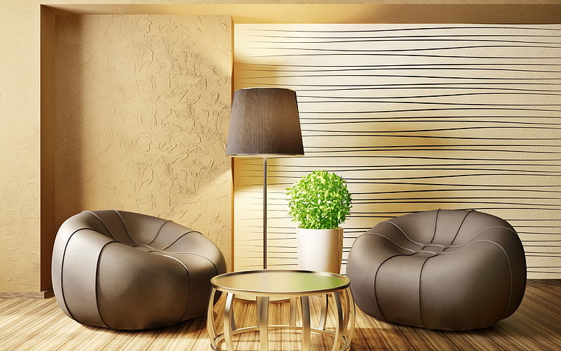 modern stylish interior of the living room, minimalism, stylish gray armchairs, armchairs bags, modern design, HD wallpaper
