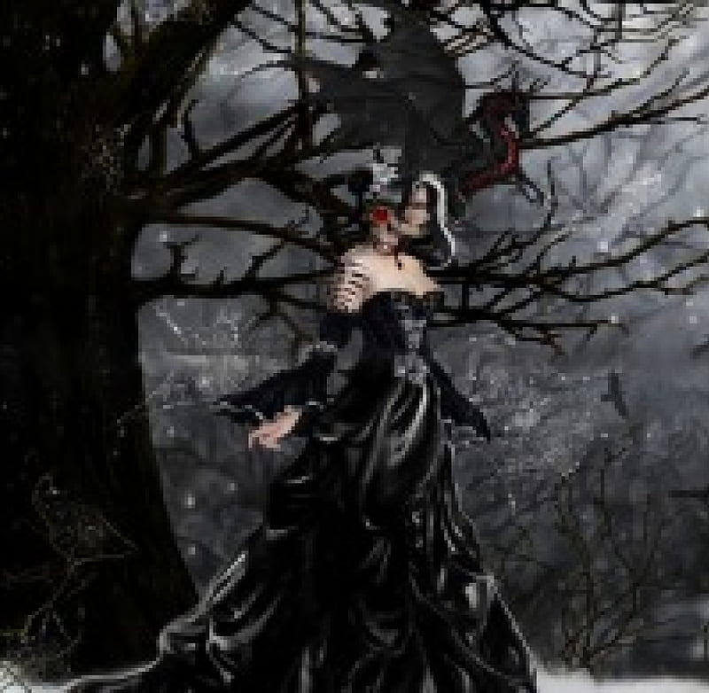 In a fairy tales world, world, witch, forest, art, Enchanted Forest, black, woman, dragon, cobweb, fantasy, dark, magical, HD wallpaper