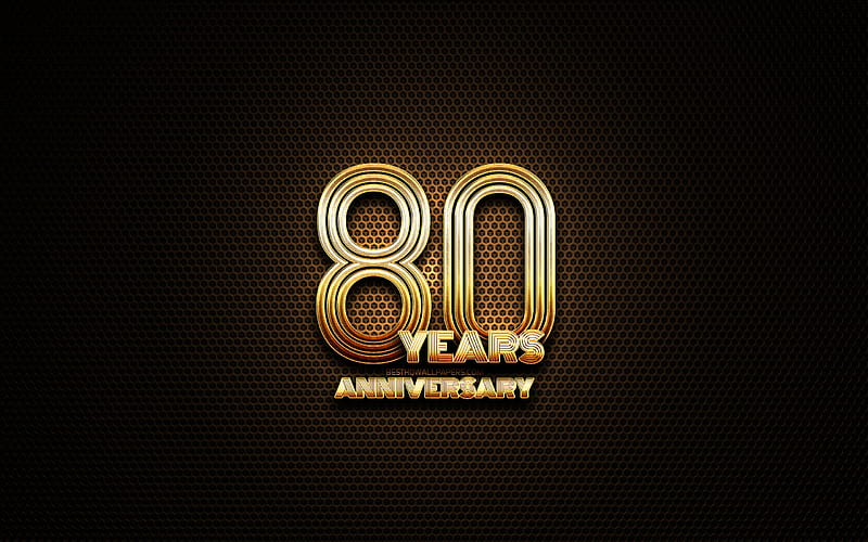 80th anniversary, glitter signs, anniversary concepts, grid metal background, 80 Years Anniversary, creative, Golden 80th anniversary sign, HD wallpaper