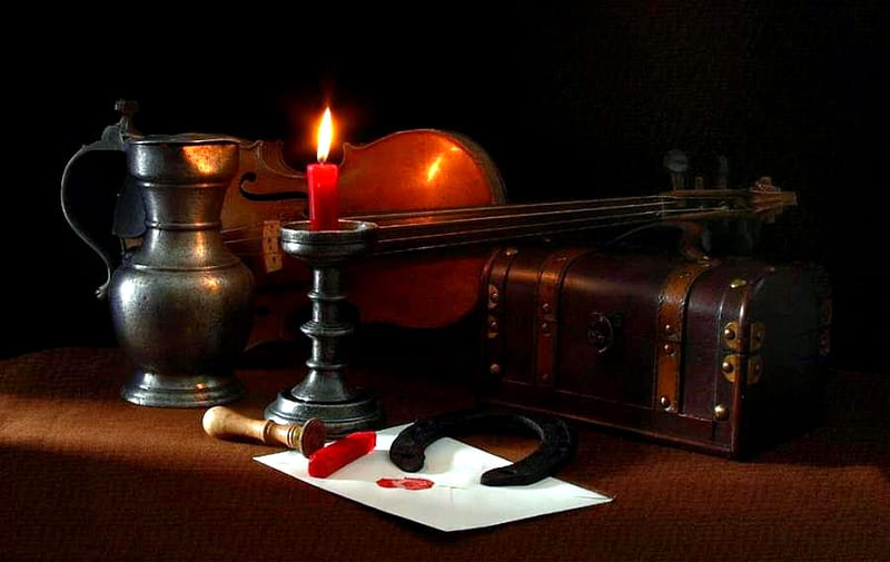 Wax Seal, candle, still life, violin, horseshoe, book, candleholder, pewter pitcher, wax stamp, HD wallpaper