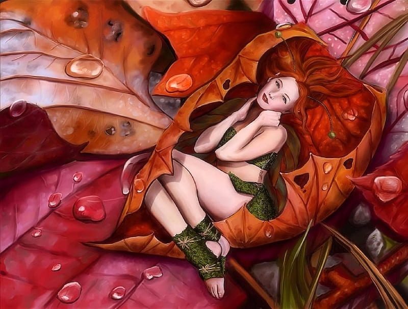 ~Autumn Fairy~, fall season, autumn, redhead, colors, love four seasons, digital art, leaves, fantasy, paintings, water drops, weird things people wear, fairies, HD wallpaper
