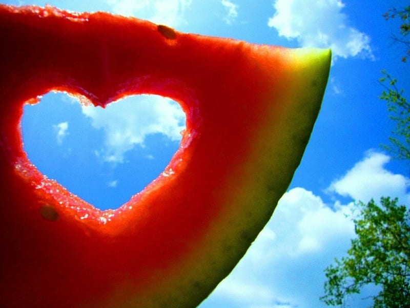Summer time, skies, water melon, summer, heart, HD wallpaper