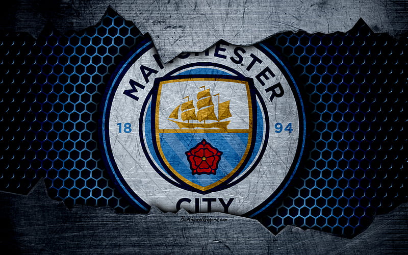 Manchester City football, Premier League, England, emblem, logo, football club, Manchester, UK, metal texture, grunge, HD wallpaper