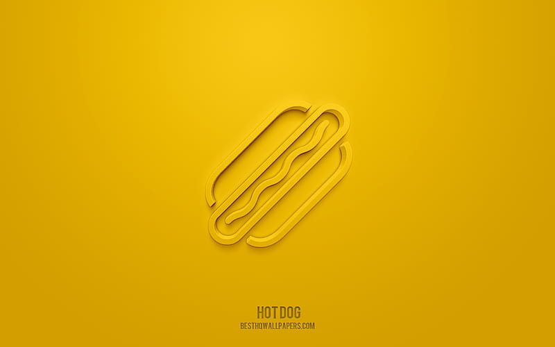 Hot dog 3d icon, yellow background, 3d symbols, Hot dog, fast food icons, 3d icons, Hot dog sign, fast food 3d icons, HD wallpaper