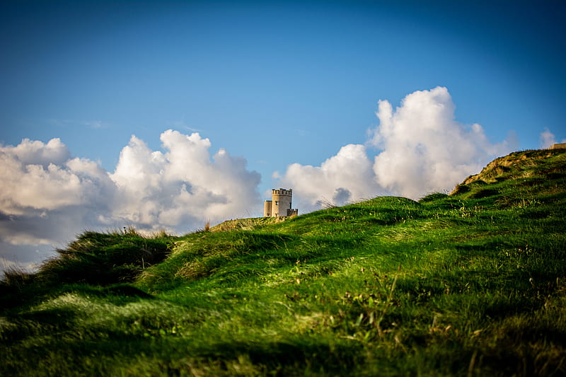 tower, hill, grass, clouds, nature, HD wallpaper