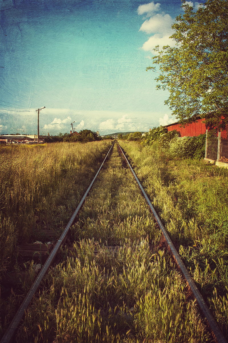 texture, lines, sky blue, clouds, railroad track, grass, HD phone wallpaper