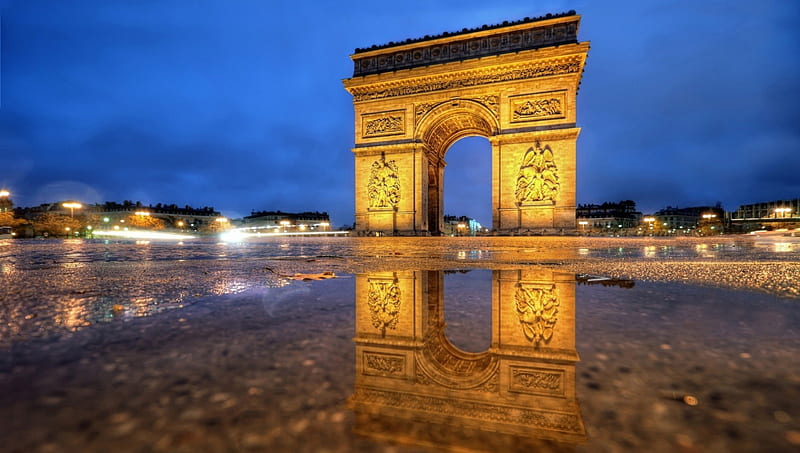 arc de triomphe after the rain, monument, circle, puddle, ciry, lights, HD wallpaper