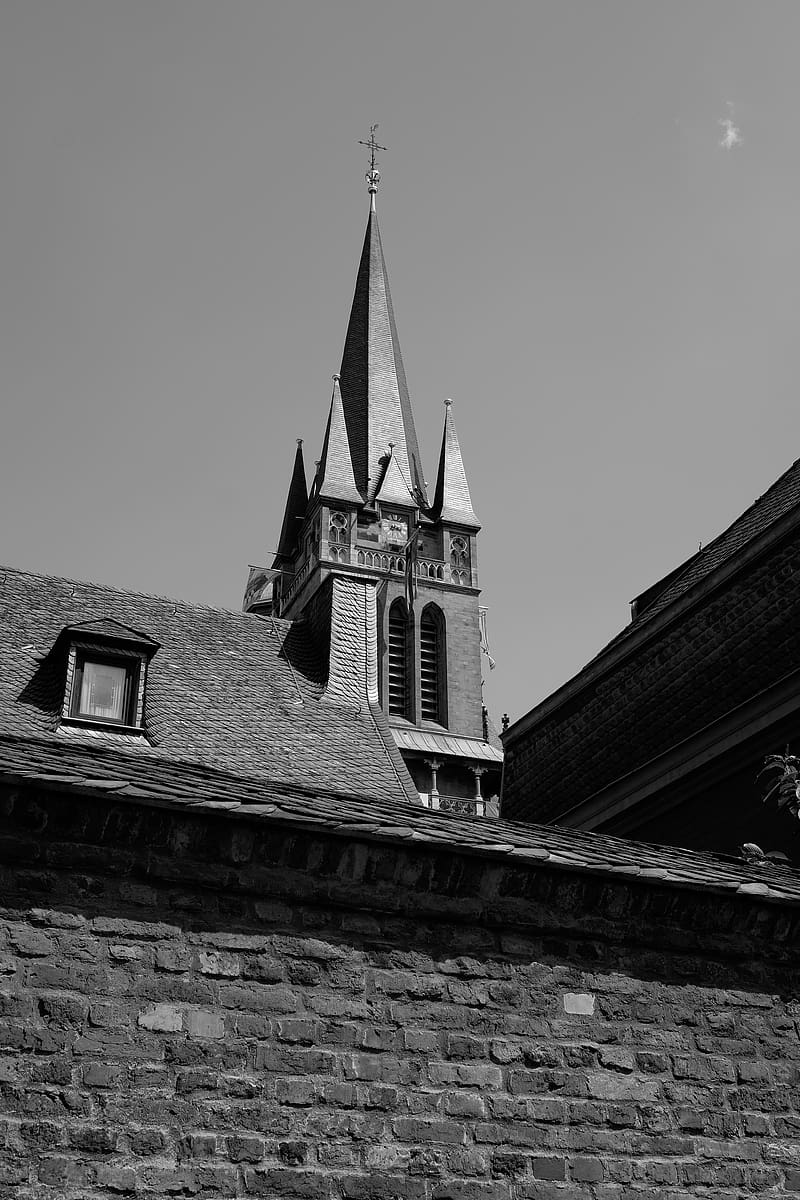 church, towers, roofs, architecture, black and white, HD phone wallpaper