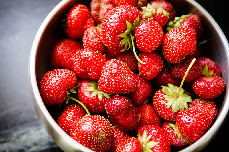 strawberries, berries, bowl, food, red, HD wallpaper