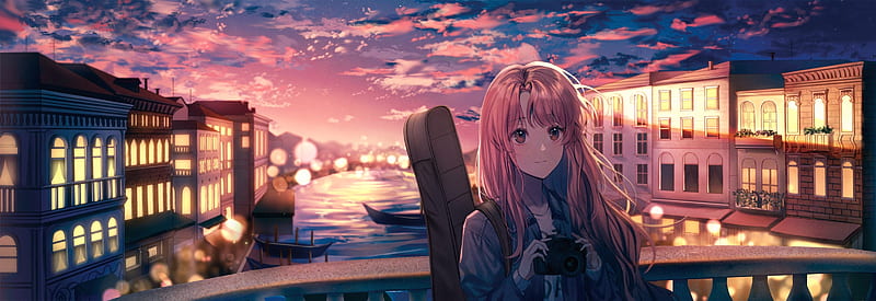 cute anime girl, sunset, bridge, lights, guitar, pink hair, grapher, Anime, HD wallpaper