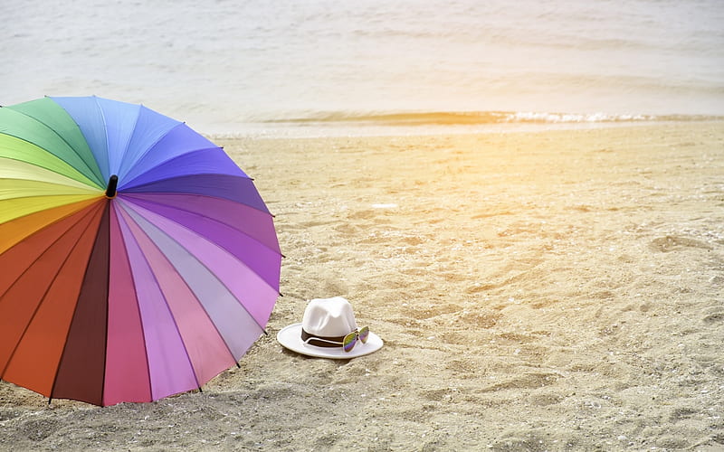 Happy Summer!, beach, sand, vara, summer, umbrella, pink, hat, HD wallpaper