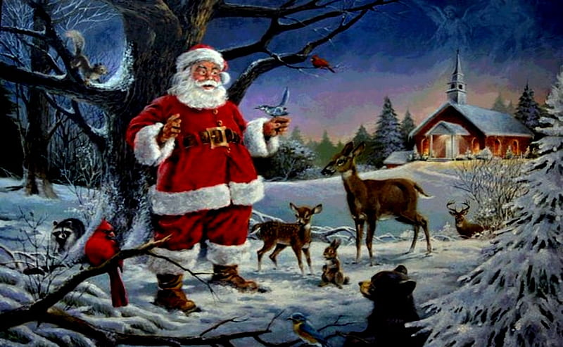 Christmas Sermon, Christmas, Santa Clause, Church, Snow, Animals, HD wallpaper