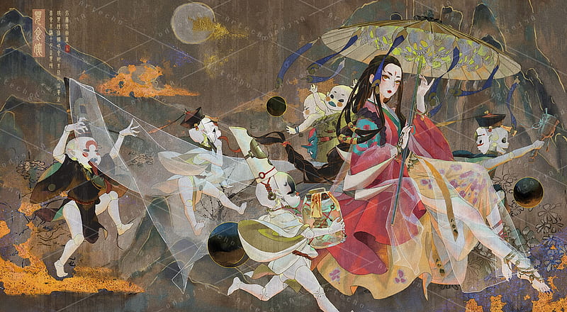 Procession of evil, yuns a, art, fantasy, girl, asian, umbrella, little demon, parasol, luminos, HD wallpaper