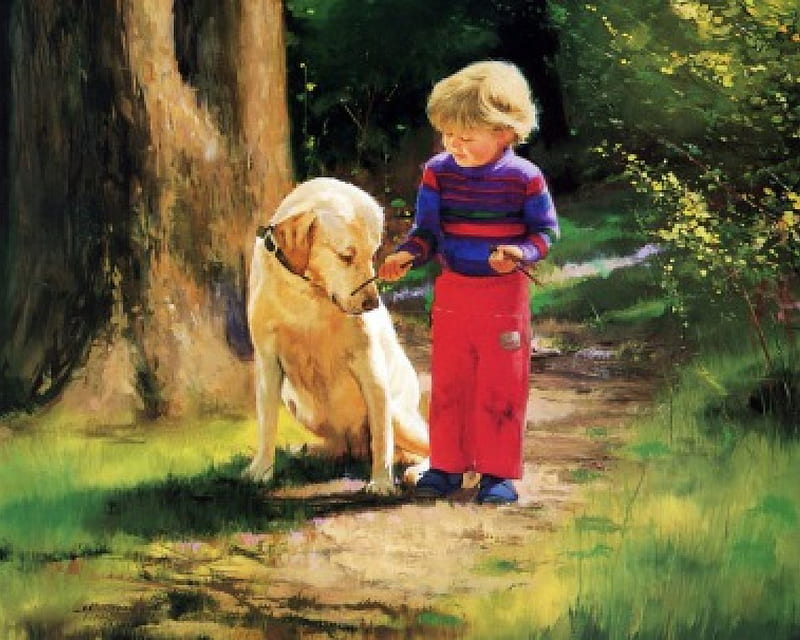 FRIENDS FOREVER, art, boy, friend, companion, woods, painting, dog, HD wallpaper