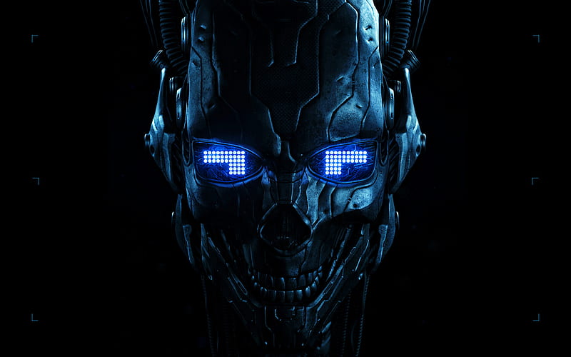 robot, cyber warrior, darkness, blue eyes, 3D art, HD wallpaper