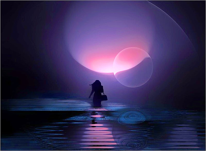 Imagination, globes, woman, pink, blue, light, HD wallpaper