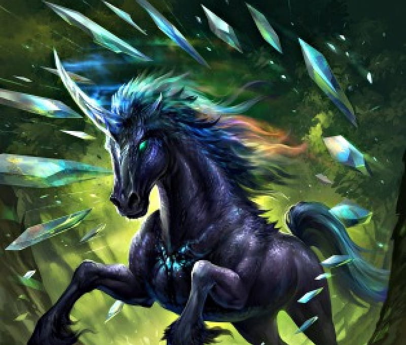 Prismatic unicorn, art, black, horse, villain, sandara, fantasy, green, blue, HD wallpaper