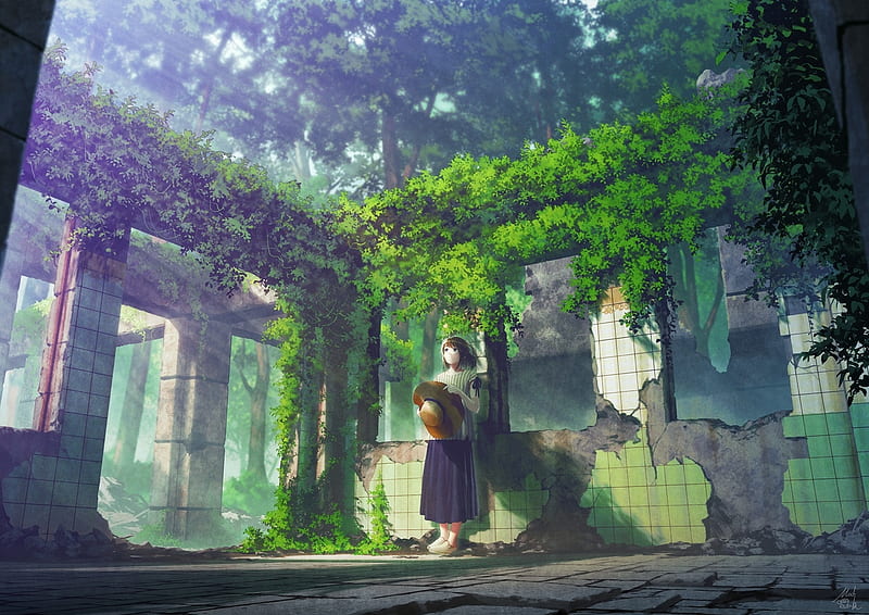 Ruins, green, girl, anime, manga, mocha, cotton, HD wallpaper