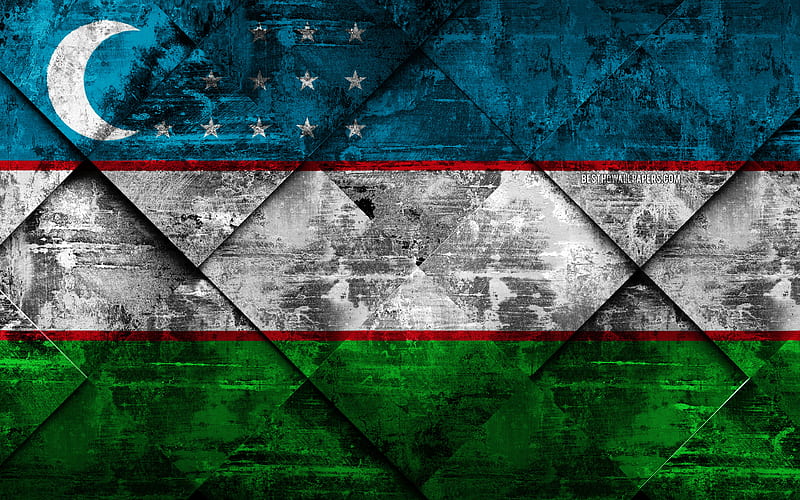 Flag of Uzbekistan grunge art, rhombus grunge texture, Uzbekistan flag, Asia, national symbols, Uzbekistan, creative art, HD wallpaper