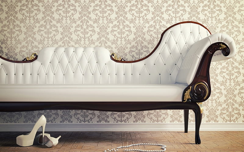 White sofa, stiletto, necklace, shoe, pearls, room, beads, white, vintage furniture, sofa, HD wallpaper