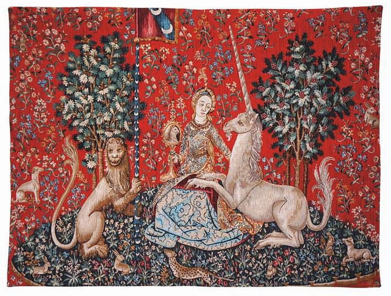 The lady and the unicorn, red, art, fantasy, tree, unicorn, garden, lady, lion, meister der pokalypsenrose der sainte chapelle, HD wallpaper
