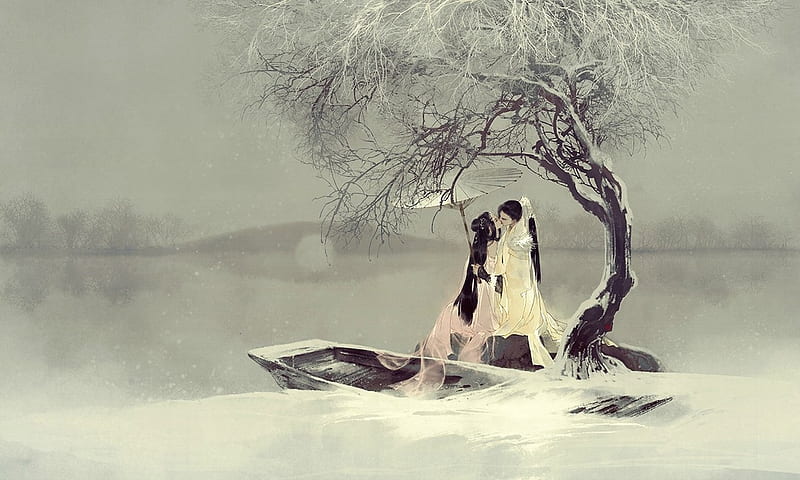 The kiss, art, luminos, man, kiss, iarna, winter, lovers, tree, fantasy, girl, asian, white, couple, HD wallpaper