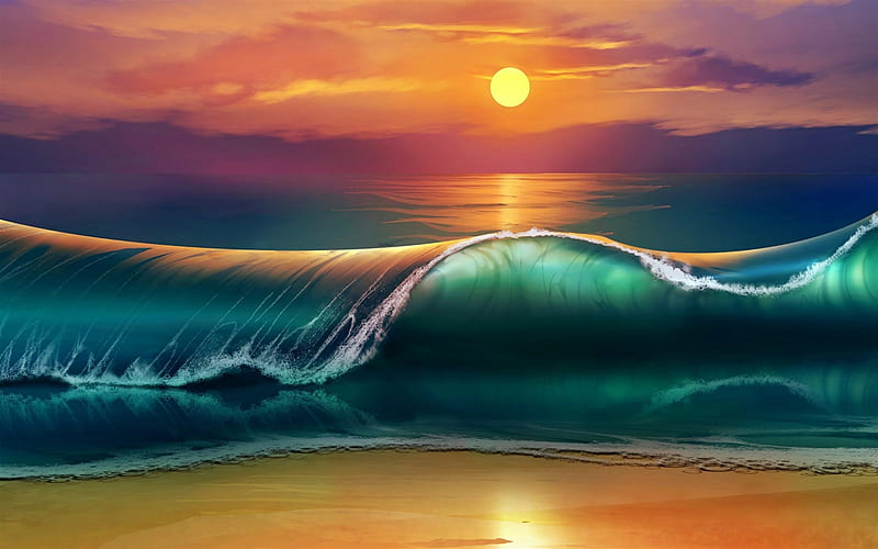 painted sea wave, art, painted sunset, painted sea landscape, summer, evening, sea, waves, HD wallpaper