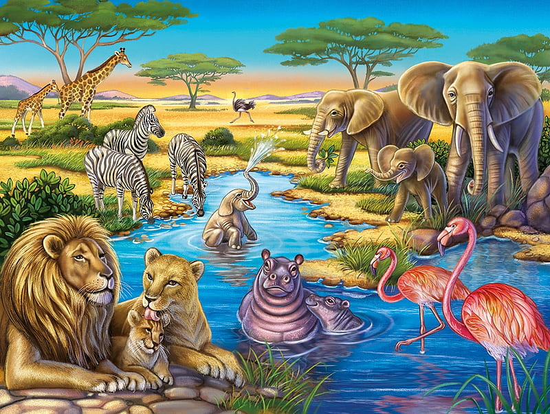 African Watering Hole, flamingos, elephants, watering, africas, life, hole, wild, lions, HD wallpaper