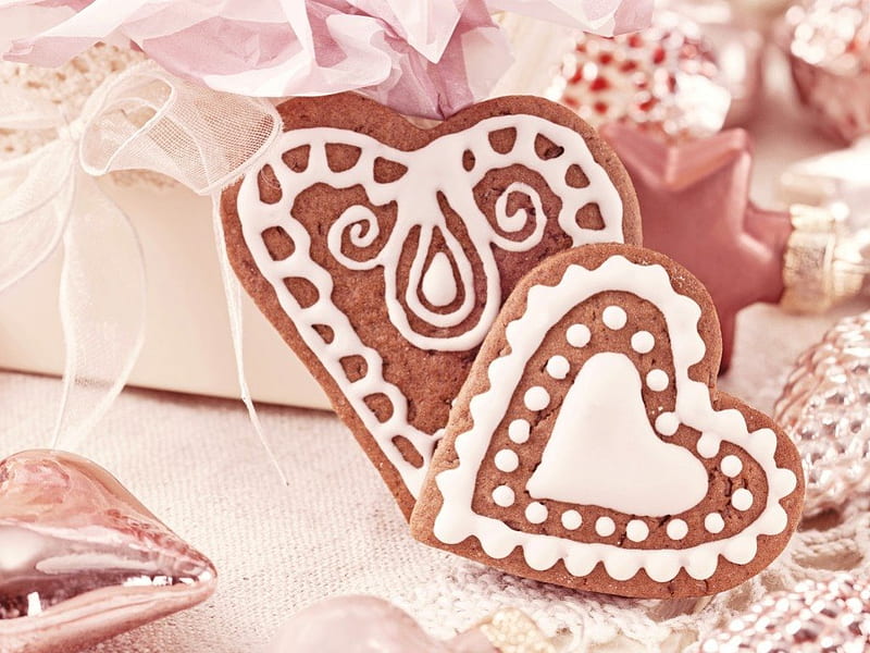 Ginger Hearts, Christmas, holidays, food, New Year, frosting, corazones, cookies, heart, cakes, HD wallpaper