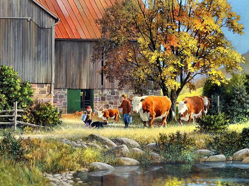 Cow Parade F, art, children, bonito, pets, illustration, lake, artwork, canine, barn, pond, water, painting, wide screen, farm animals, dogs, cows, HD wallpaper