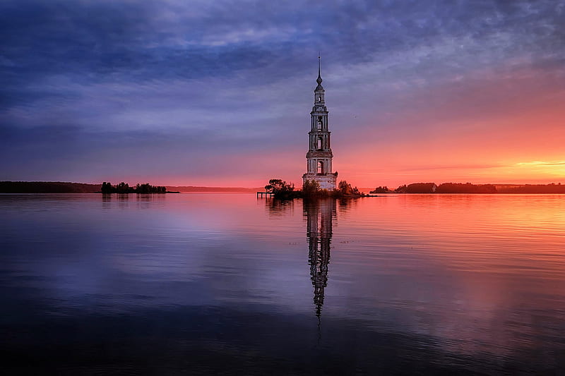 Bell Tower, volga, russia, river, sunset, nature, sky, HD wallpaper