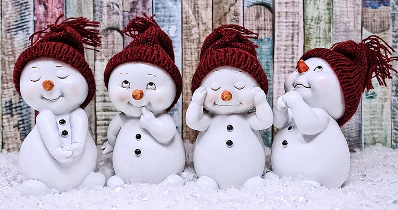 Cute snowmen, cute, red, craciun, christmas, white, snowman, figurine, winter, hat, HD wallpaper