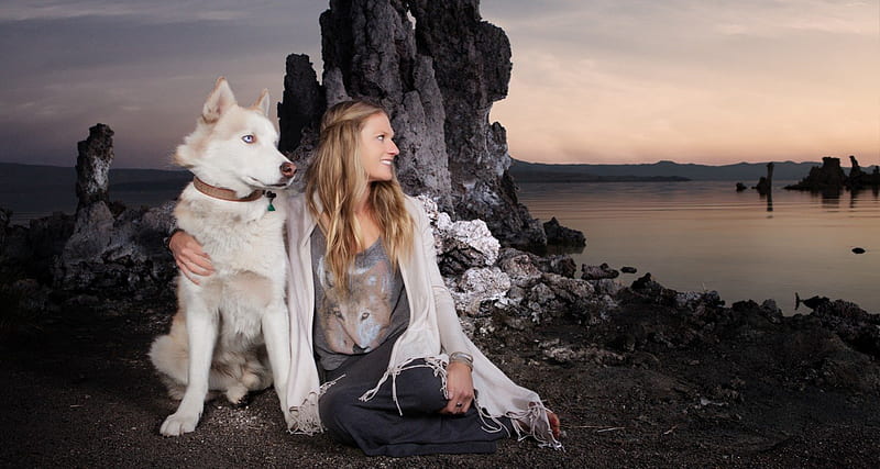 Woman and Wolf, water, girl, fantastic, domestic, wolves, landscape, friends, HD wallpaper
