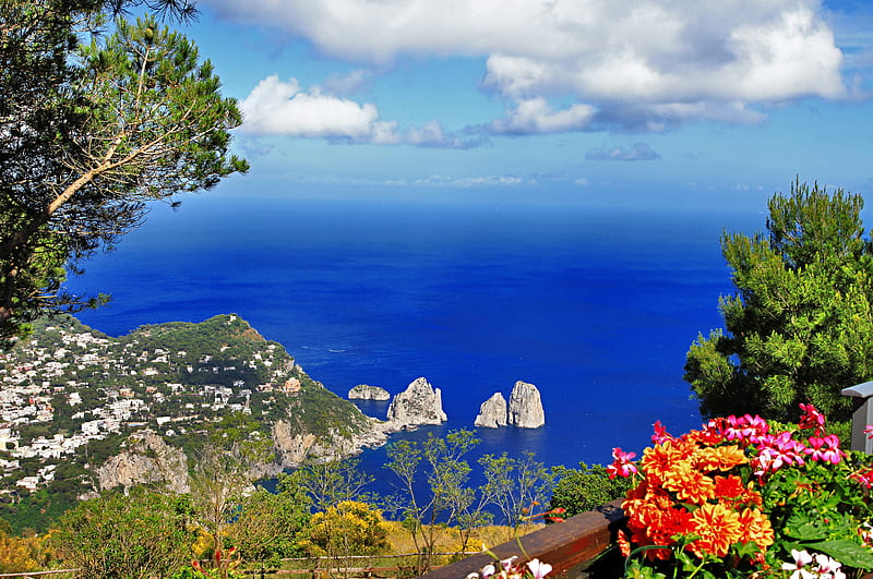 Capri Island,Italy, houses, town, capri, clouds, sea, mountain, flowers, nature, island, naples, HD wallpaper