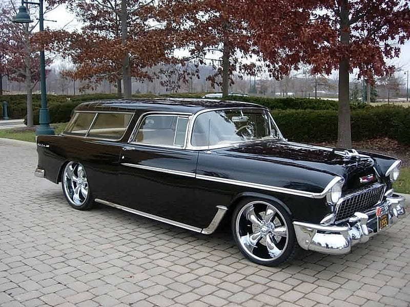 '55 Chevy Nomad, nomad, chevy, black, custom, antique, 1955, 55, chevrolet, car, classic, HD wallpaper